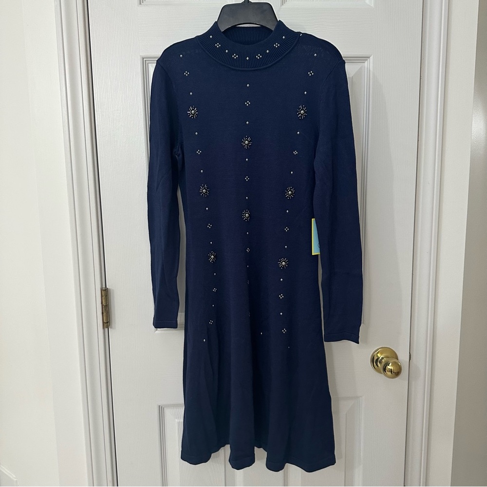 CeCe Knit Long-Sleeve Holiday Dress in Blue, size XS